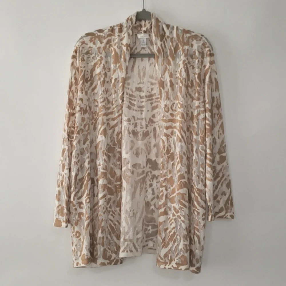 CHICO'S Cardigan Sweater Womens 3 Lightweight Animal Print Open Front Lagenlook